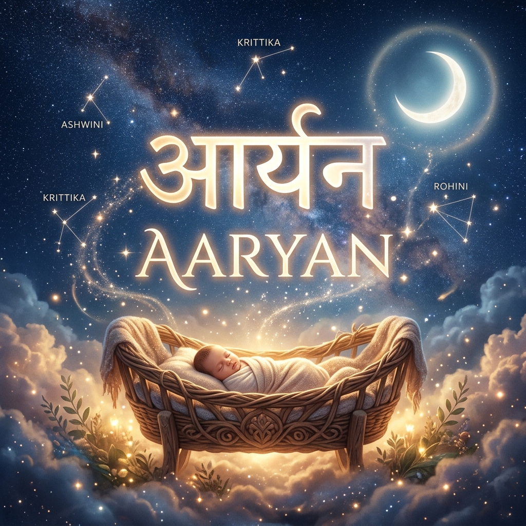 Ethereal visualization of a baby's name written in glowing Sanskrit and English letters