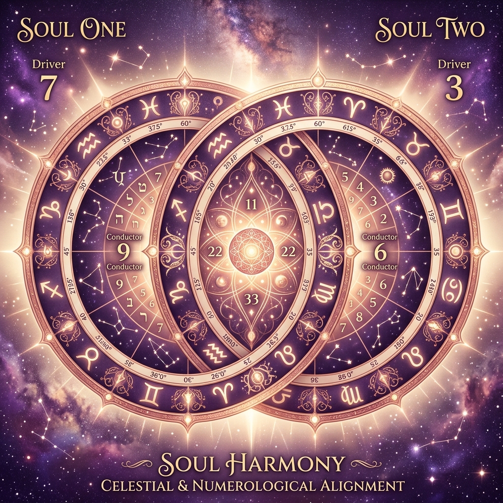 Two interlocking celestial zodiac wheels merged with glowing numerological charts