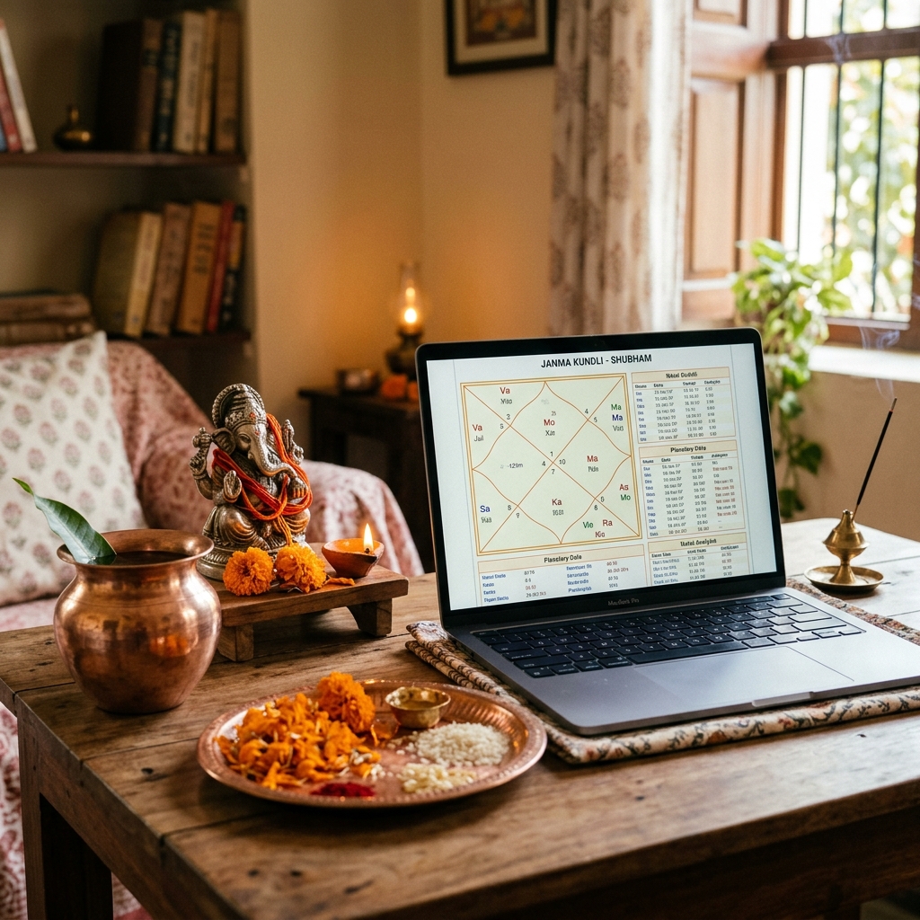 A serene and professional Vedic consultation setup with a laptop showing a birth chart