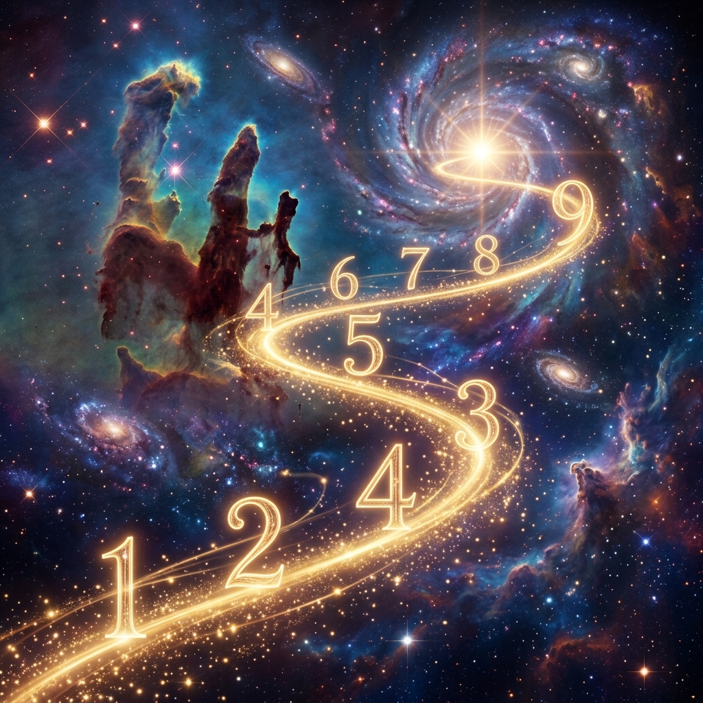 A winding path of golden light with floating numbers in a cosmic landscape