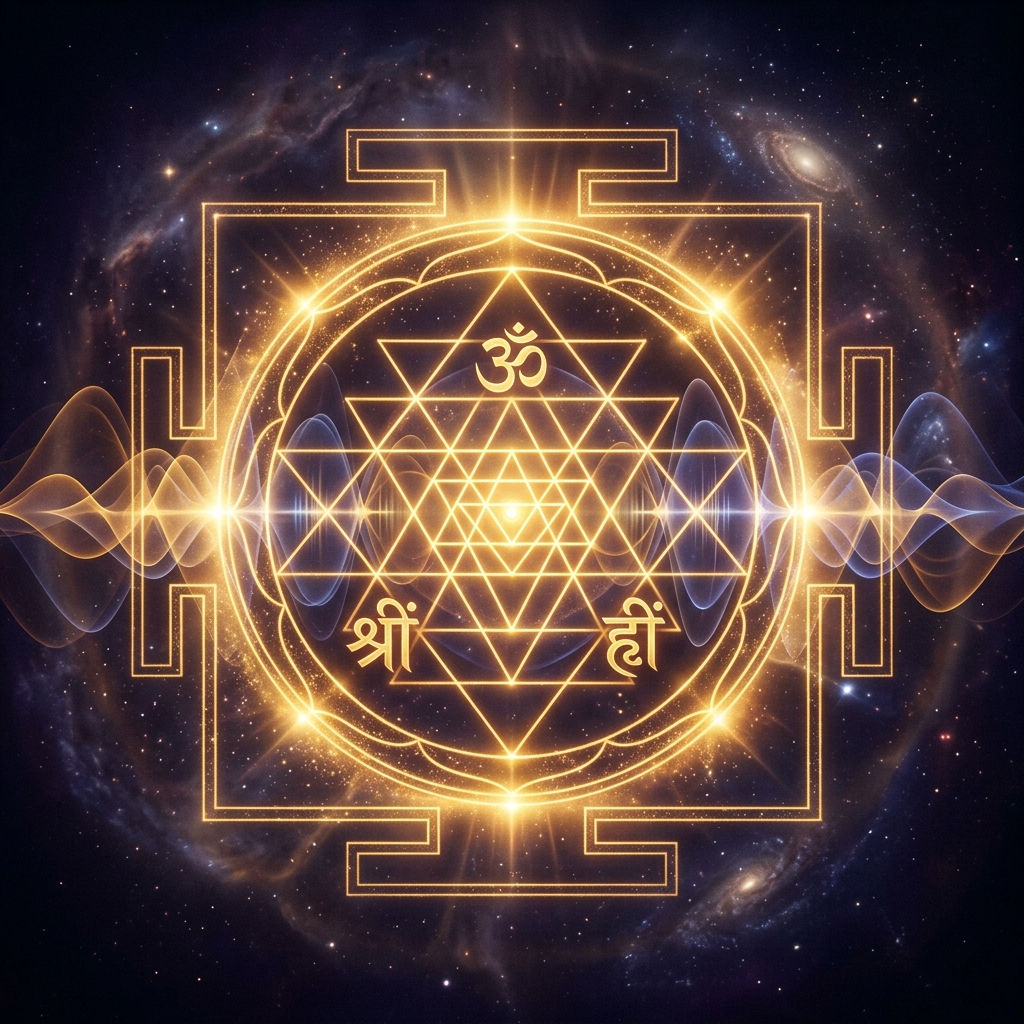 Sacred Sri Yantra with glowing sound wave patterns and Sanskrit mantras