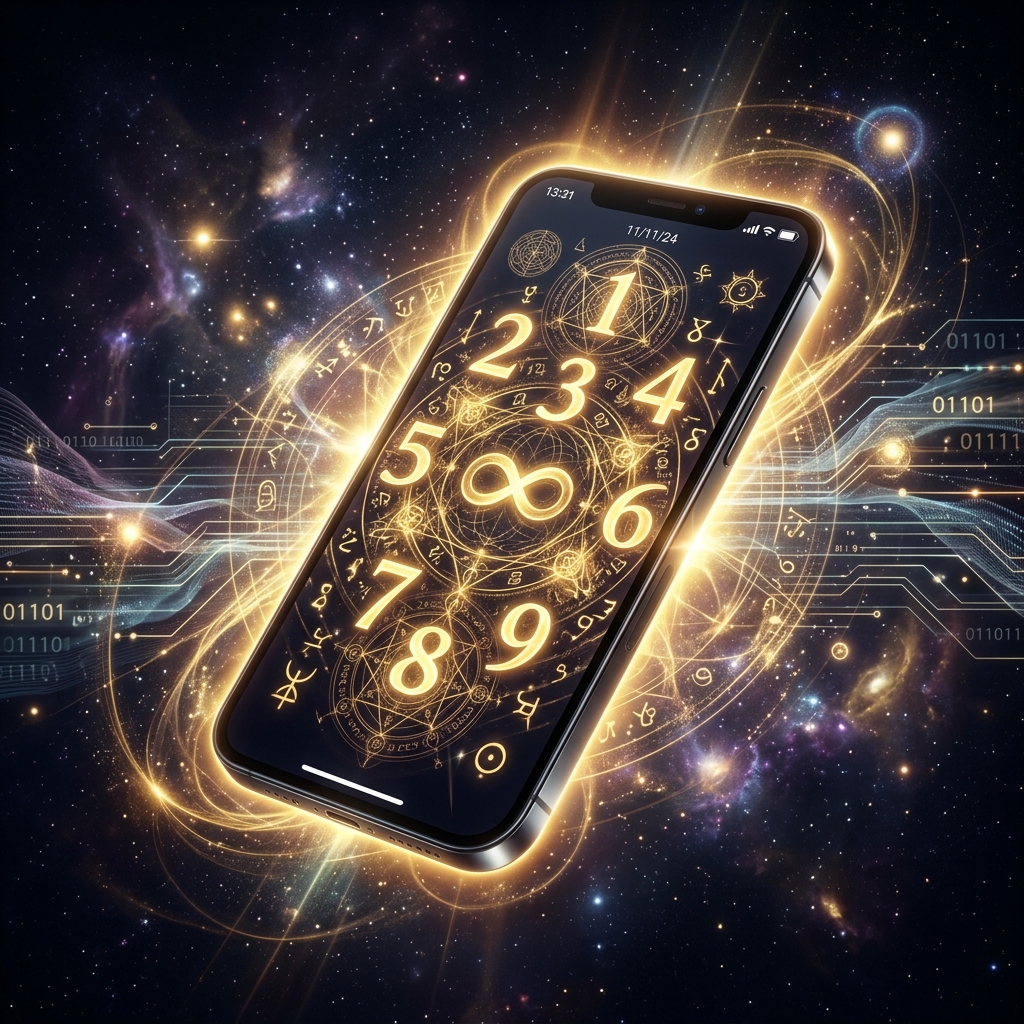 A modern smartphone glowing with golden numerological symbols