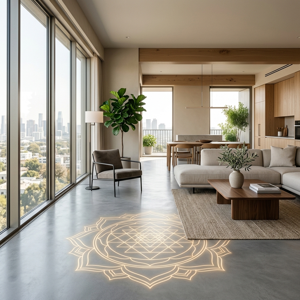 A luxury modern apartment with a glowing Vastu mandala overlay