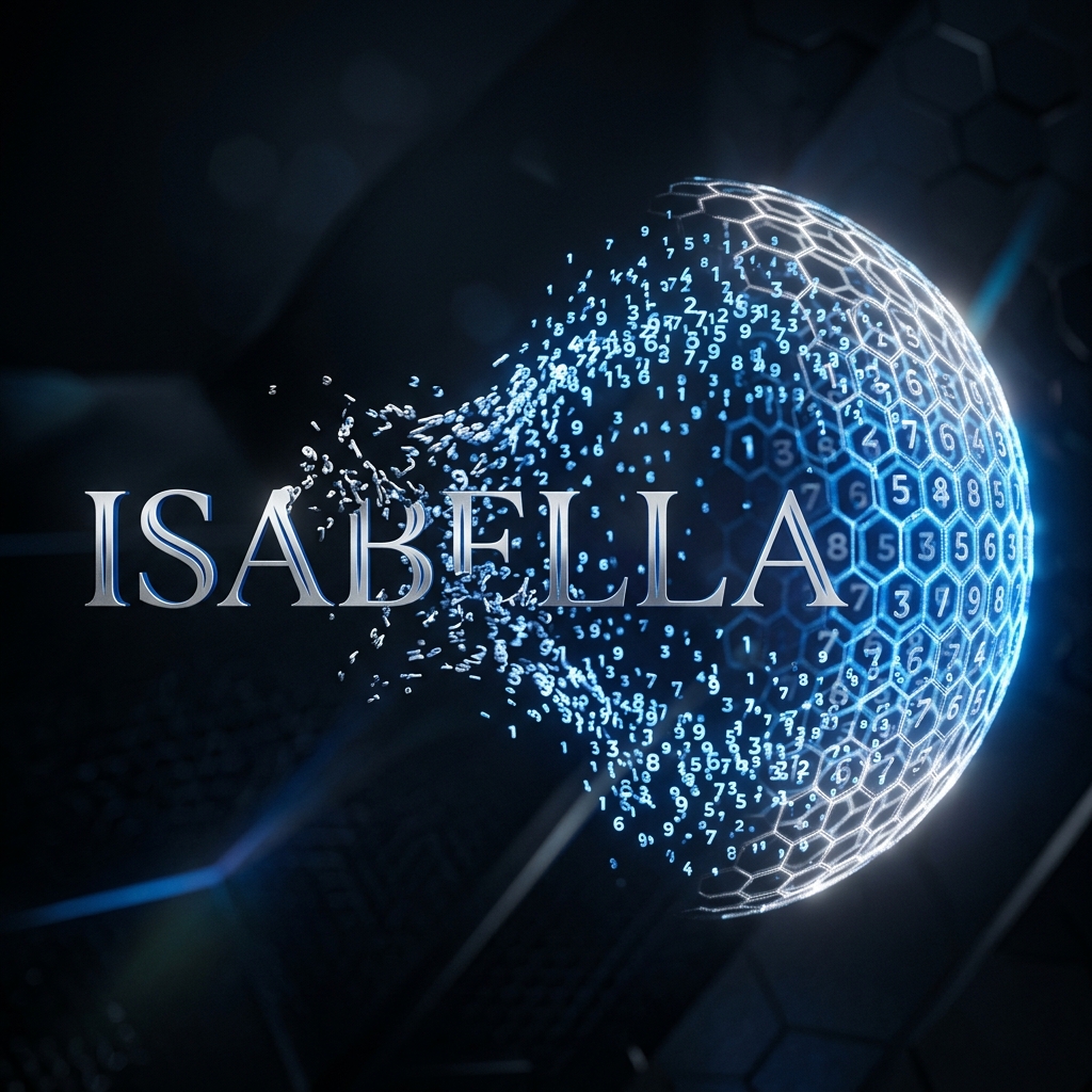 A name transforming into glowing numerical particles