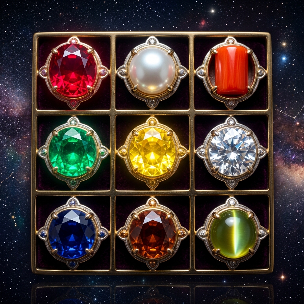 The nine sacred gemstones arranged in a Navagraha grid