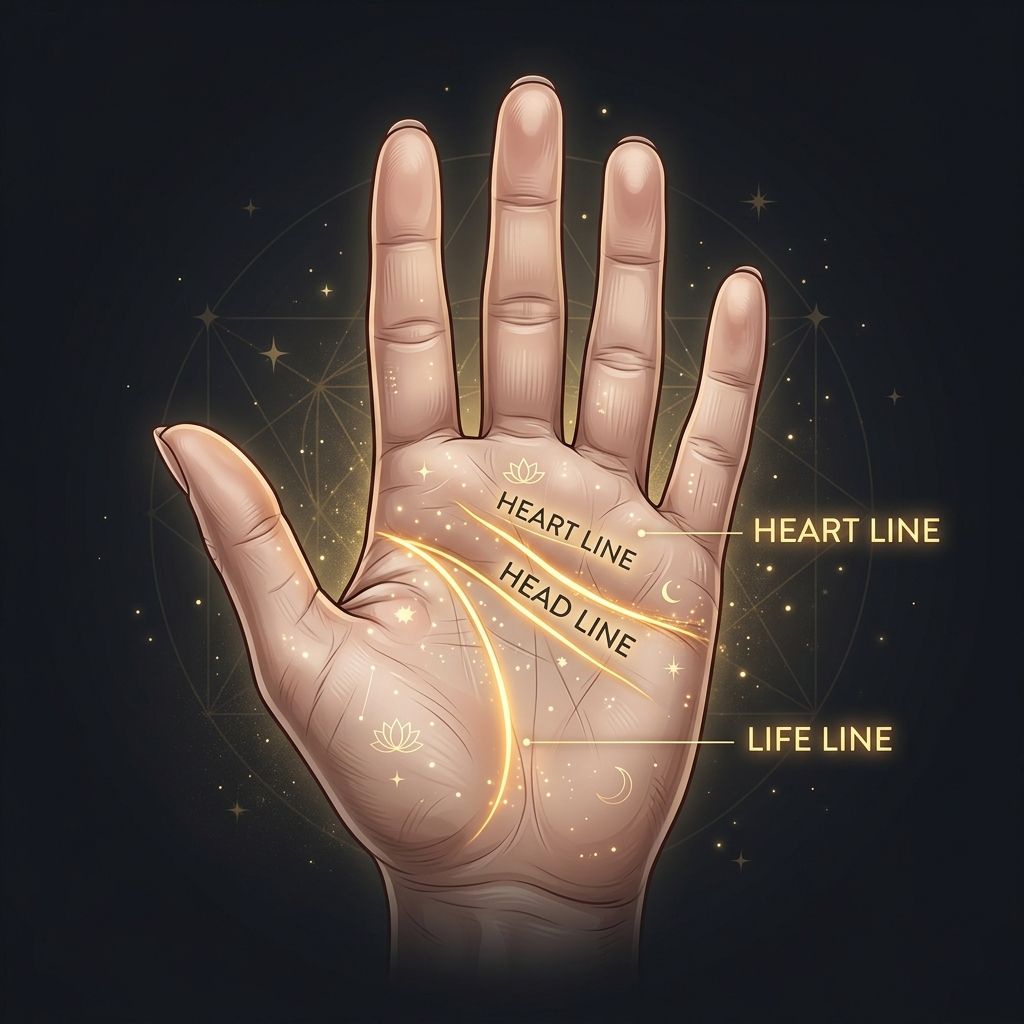 Diagram showing the Heart Line, Head Line, and Life Line on an open palm