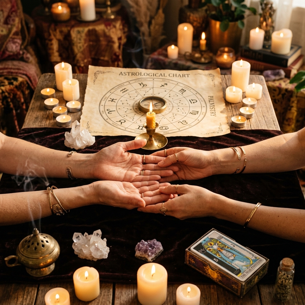 A magical palm reading setup with hands, candles, and charts