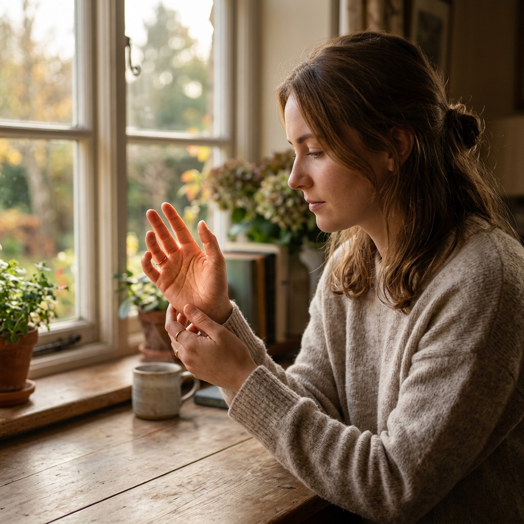 A person peacefully observing the lines on their palm in soft sunlight