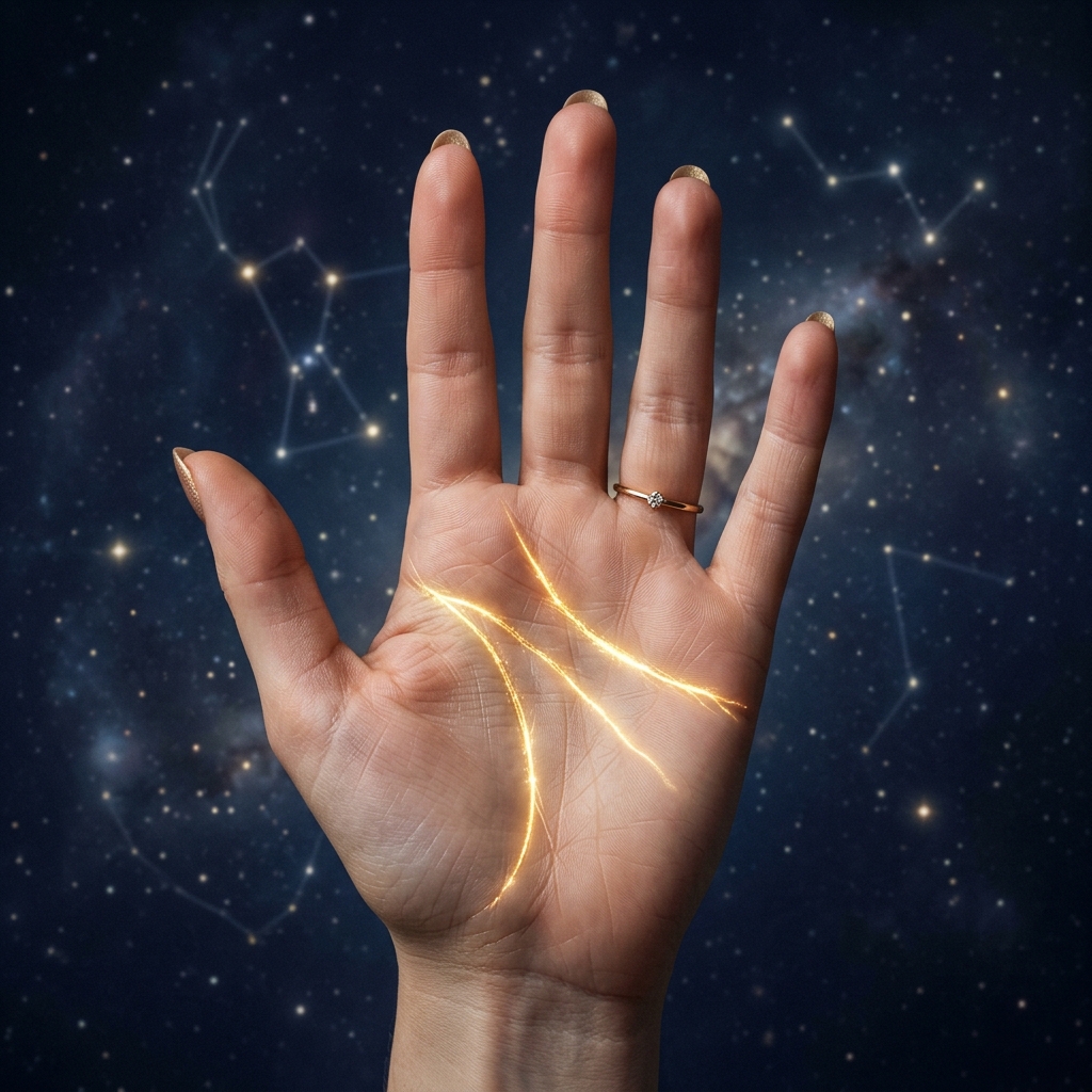 Close-up of a human hand with glowing lines traced in gold light