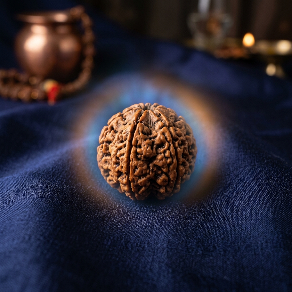 A hyper-realistic close-up of a sacred 5-mukhi Rudraksha bead