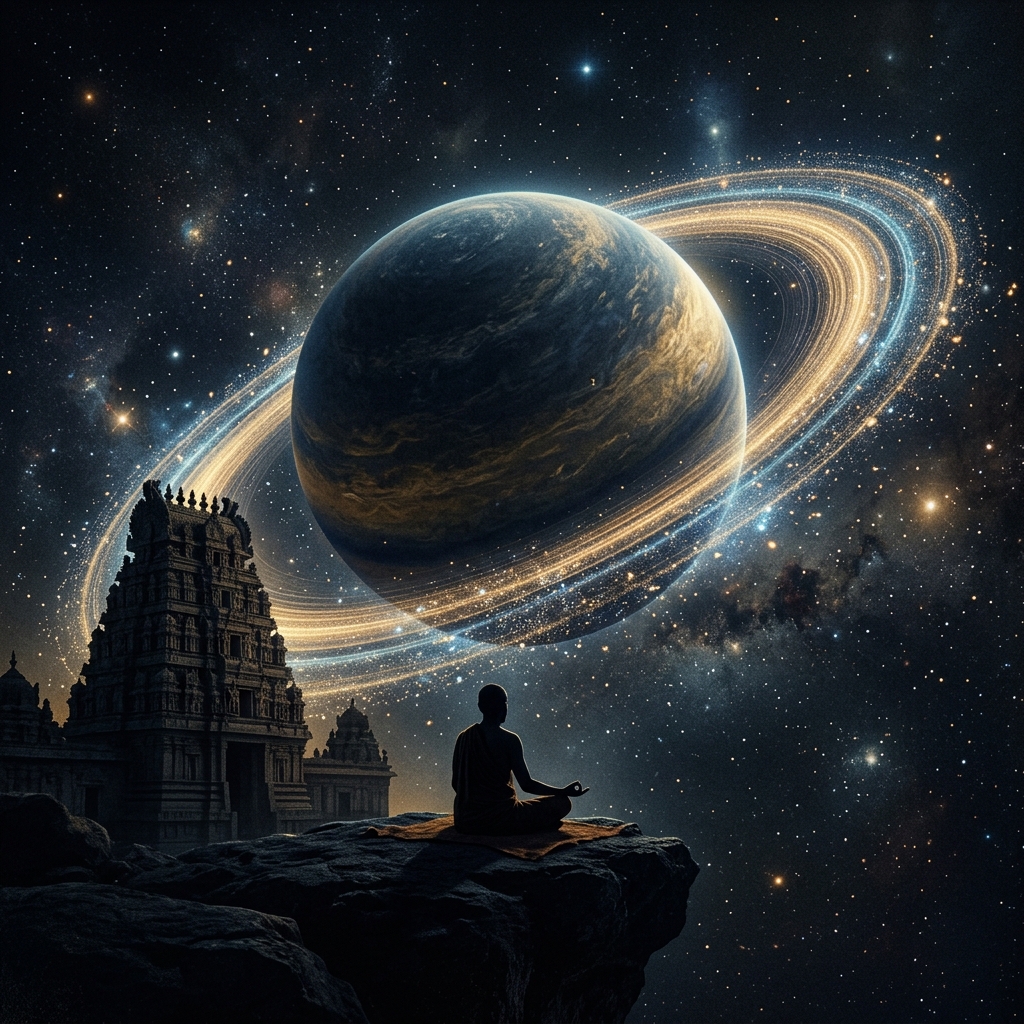 A majestic visualization of Saturn and Shani Dev in cosmic space