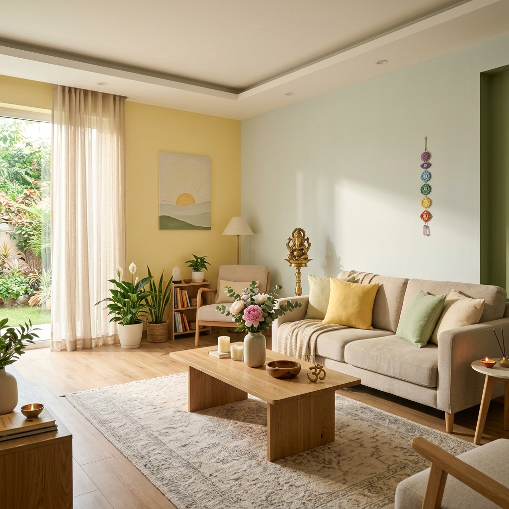 A harmonious living room decorated using Vastu-approved pastel colors