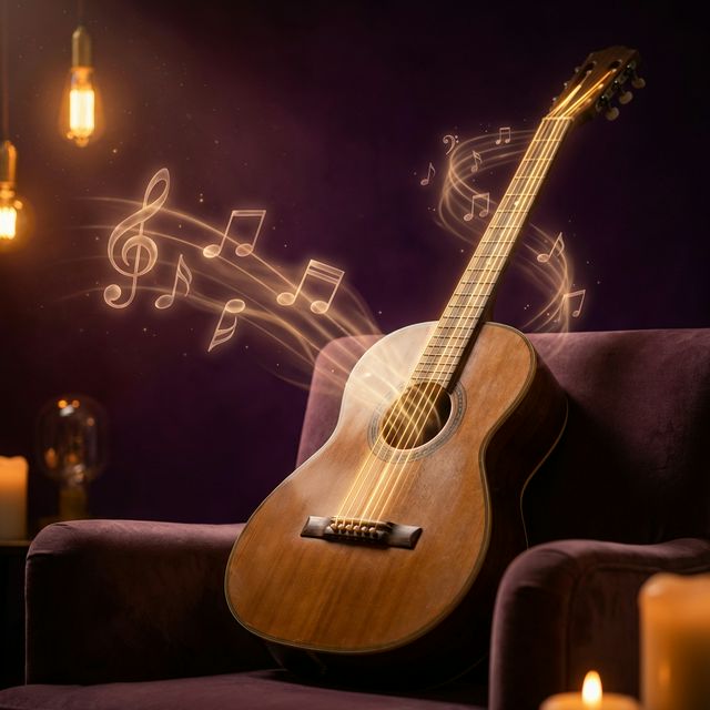 Acoustic guitar with glowing strings and floating notes