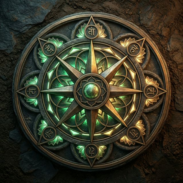 Vastu compass with emerald and gold sacred geometry