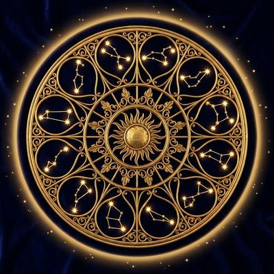 Vedic zodiac wheel with golden constellations